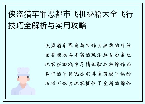 侠盗猎车罪恶都市飞机秘籍大全飞行技巧全解析与实用攻略