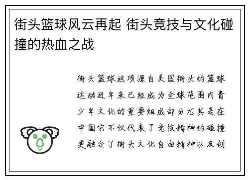 街头篮球风云再起 街头竞技与文化碰撞的热血之战